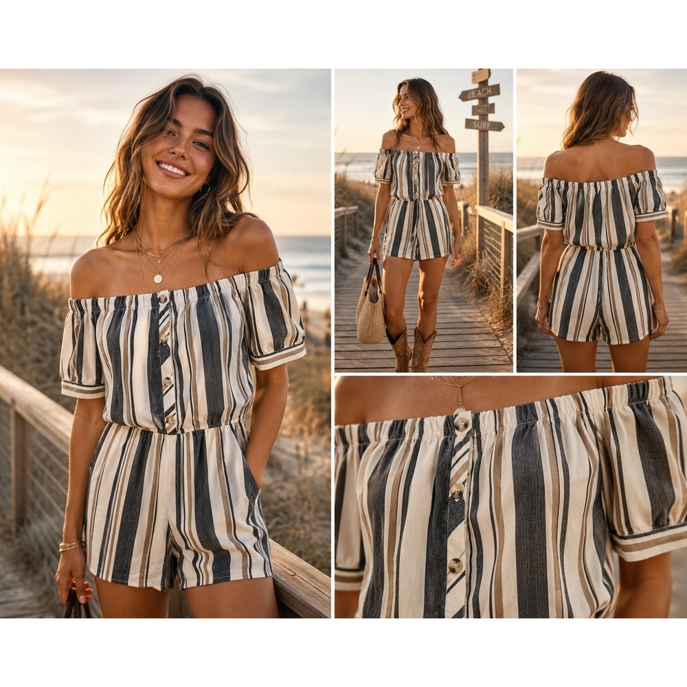 Hint of Blush Womens Striped Off The Shoulder Romper Black White Tan Large